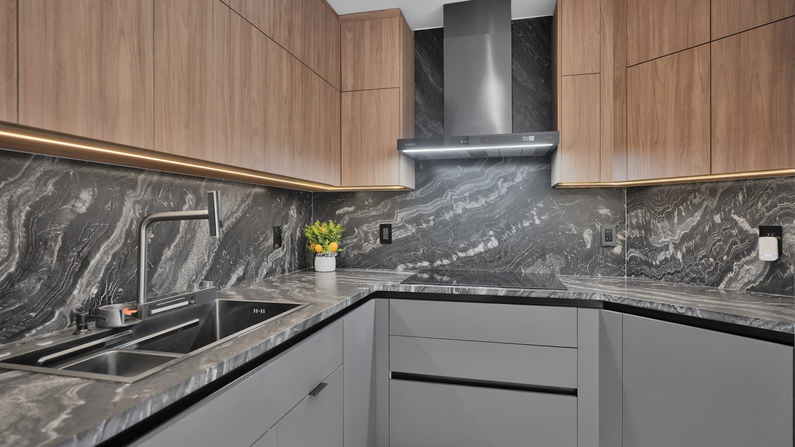 Range Hood with Full-Height Stone Backsplash, South Florida