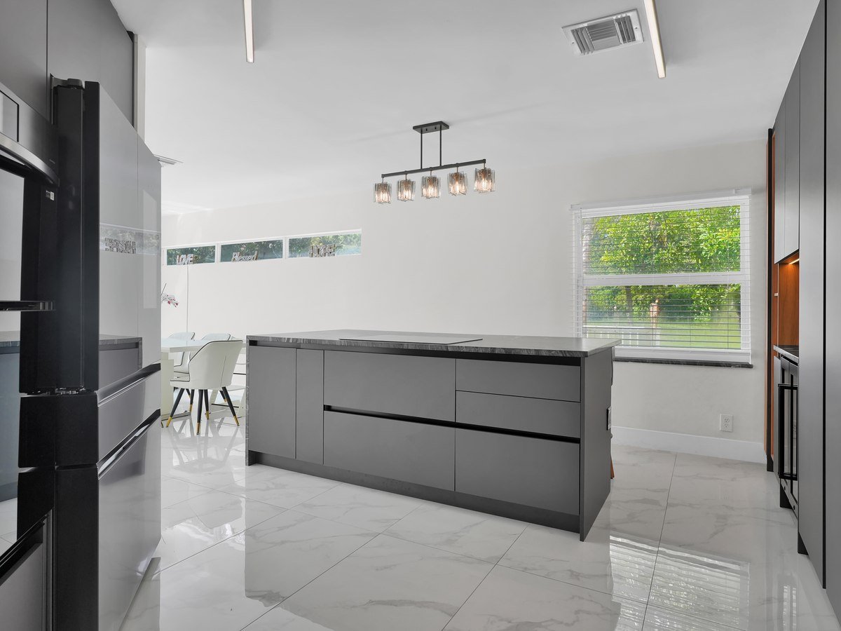 White and Gray Kitchen with Waterfall Island, South Florida
