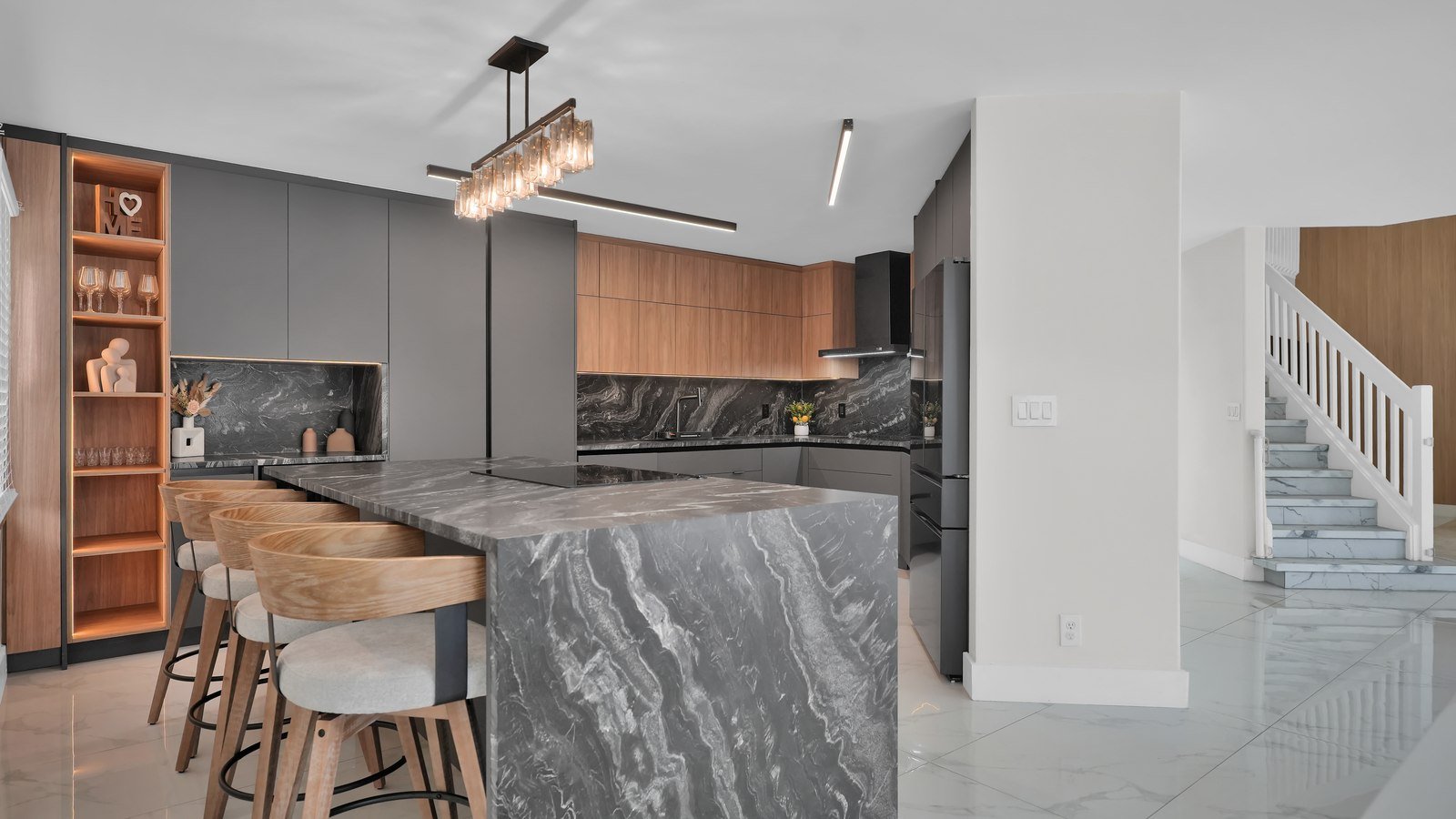Waterfall Island Kitchen with Wood Cabinetry, South Florida